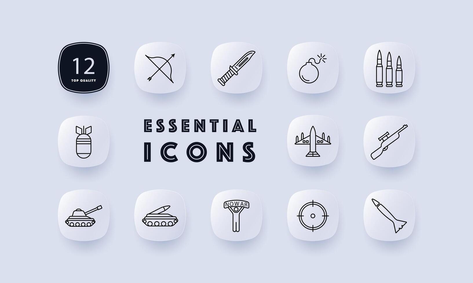 Weapon set icon. Tank, man, banner, no war, artillery, plane, bomber, military equipment, bow, rifle, knife, rocket. Third world countries and military operations in them concept. Neomorphism style. vector