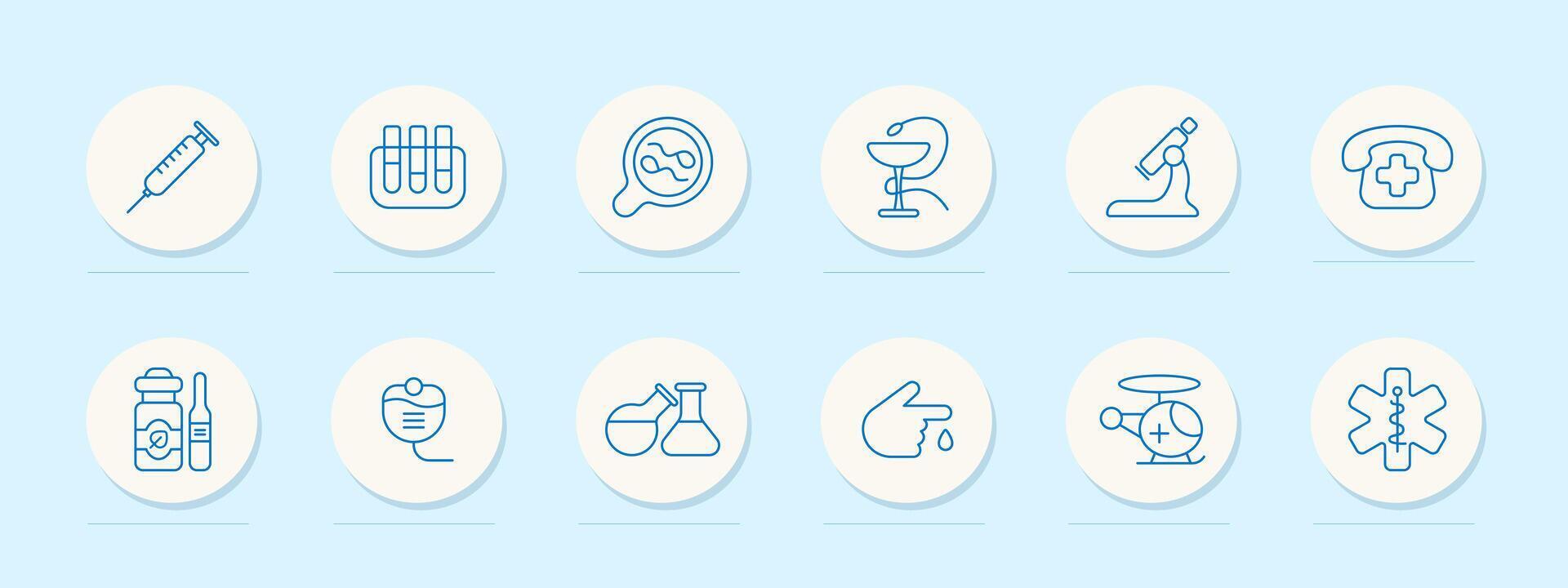 Medical equipment set icon. Glass, snake, goblet, telephone, cross, call an ambulance, microscope, magnifying glass, flask, container, dropper, health care. Medical care concept. line icon. vector