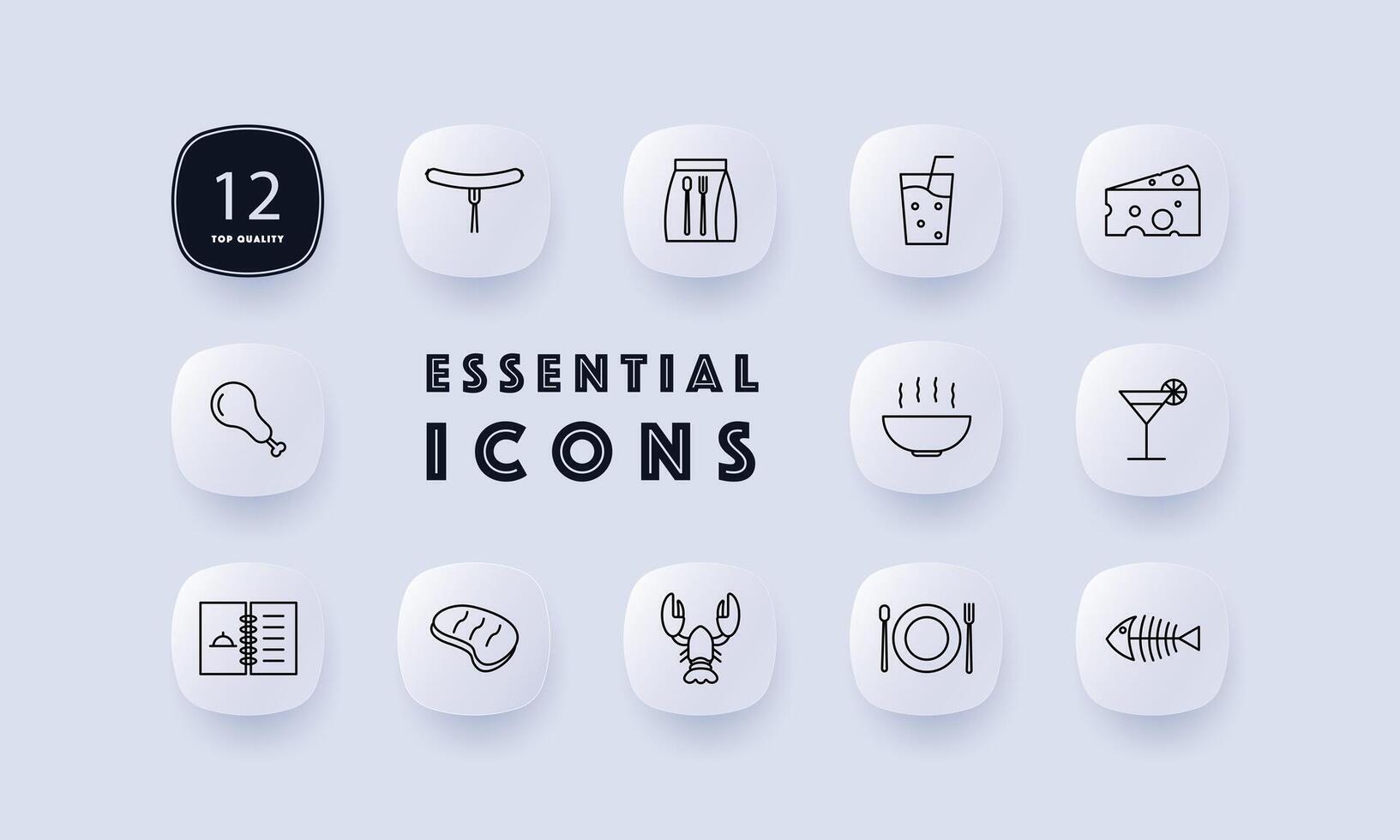 Food set icon. Glass, alcohol, hot dish, steak, skeleton, fish, cheese with holes, chicken, bone, spoon, fork, gradient, menu, cocktail, packed lunch. Culinary dishes concept. Neomorphism style. vector