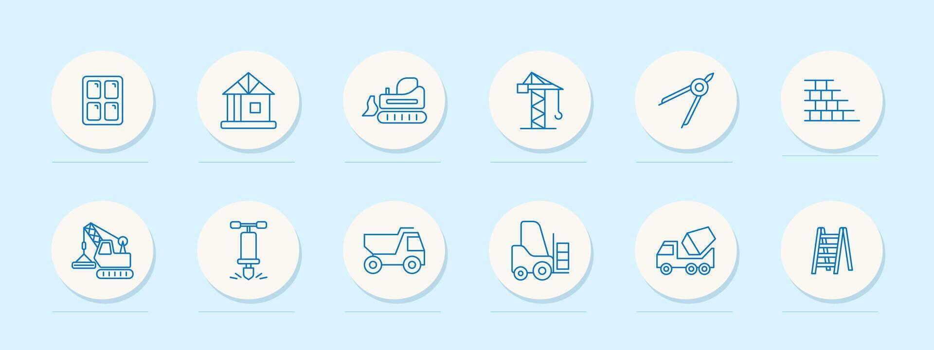 Construction equipment set icon. Window, heavy equipment, ladder, crane, vehicle for transporting cargo, compass, house, frame, drill, wall, mechanism. Building concept. line icon. vector
