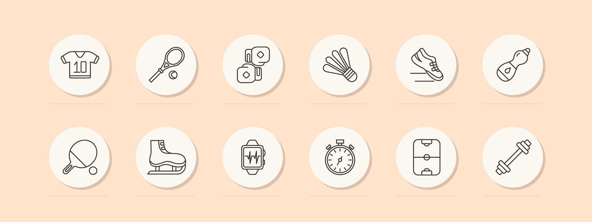 Sports set icon. Gloves, boxing, water, stopwatch, ping pong, pulse, barbell, tennis racket, sneakers, skates, air hockey, T shirt, shuttlecock. Healthy lifestyle concept. line icon. vector