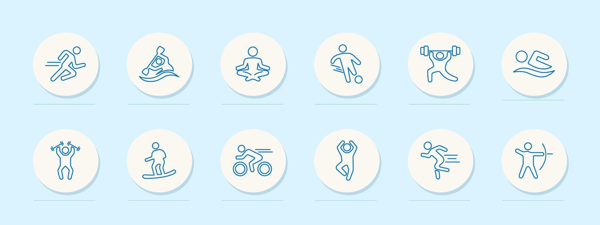 Useful hobby set icon. Archery, swimming, lifting weights, meditation, dancing, cycling, running, health care, outdoor activities, sports, blue. Healthy lifestyle concept. line icon. vector