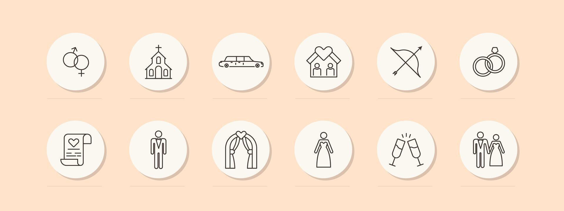 Wedding icon set. Document, wine, sex, glasses, church, heart, wife, wedding dress and suit, man, groom, house, limousine, bow, marriage certificate, altar. Marriage concept. line icon. vector