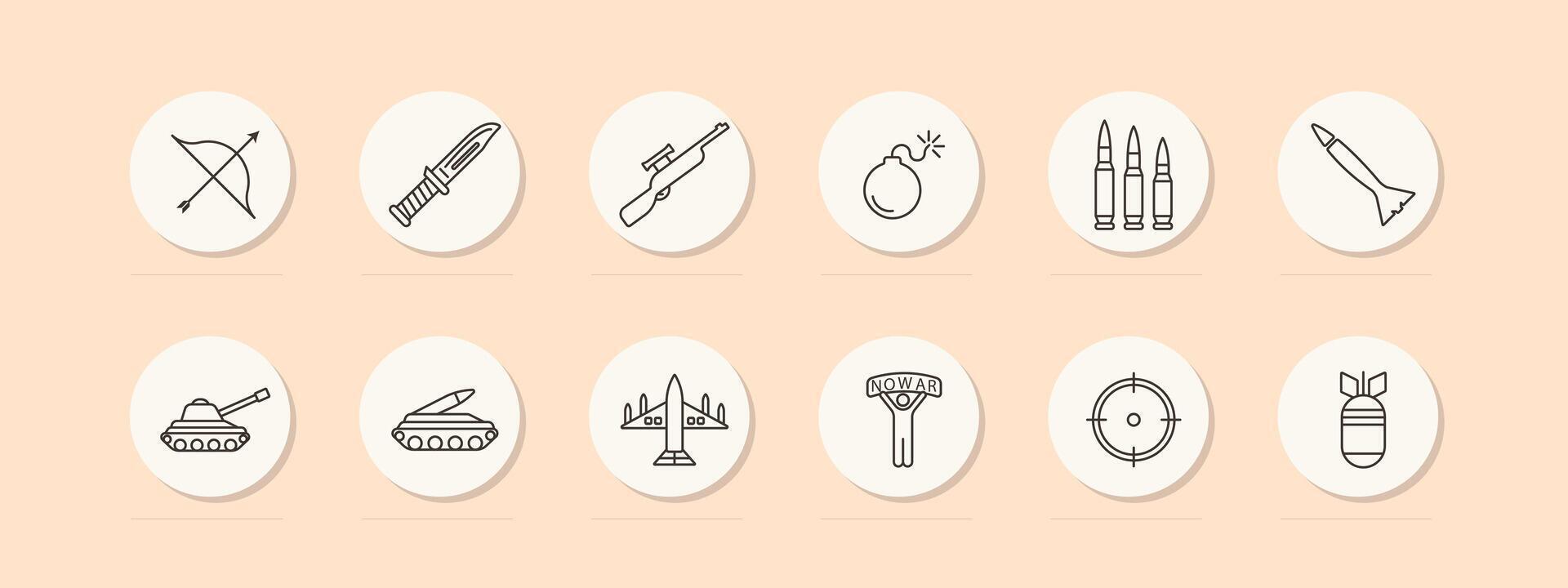 Weapon set icon. Tank, man, banner, no war, artillery, plane, pastel colors, military equipment, bow, rifle, knife. Third world countries, military operations in them concept. line icon. vector