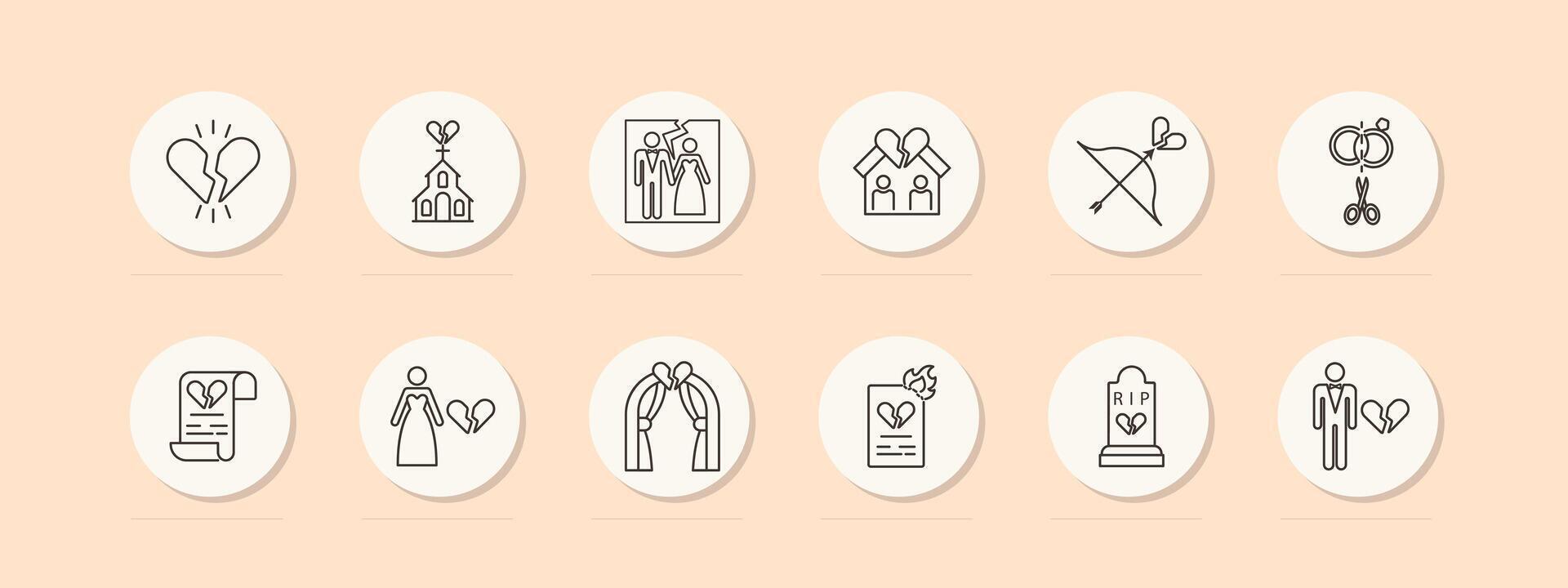 Divorce set icon. Document, broken heart, burning paper, breakup, separate, bride, wedding dress, bow, grave, photo card, split, crown. Parting, ending a relationship concept. line icon. vector