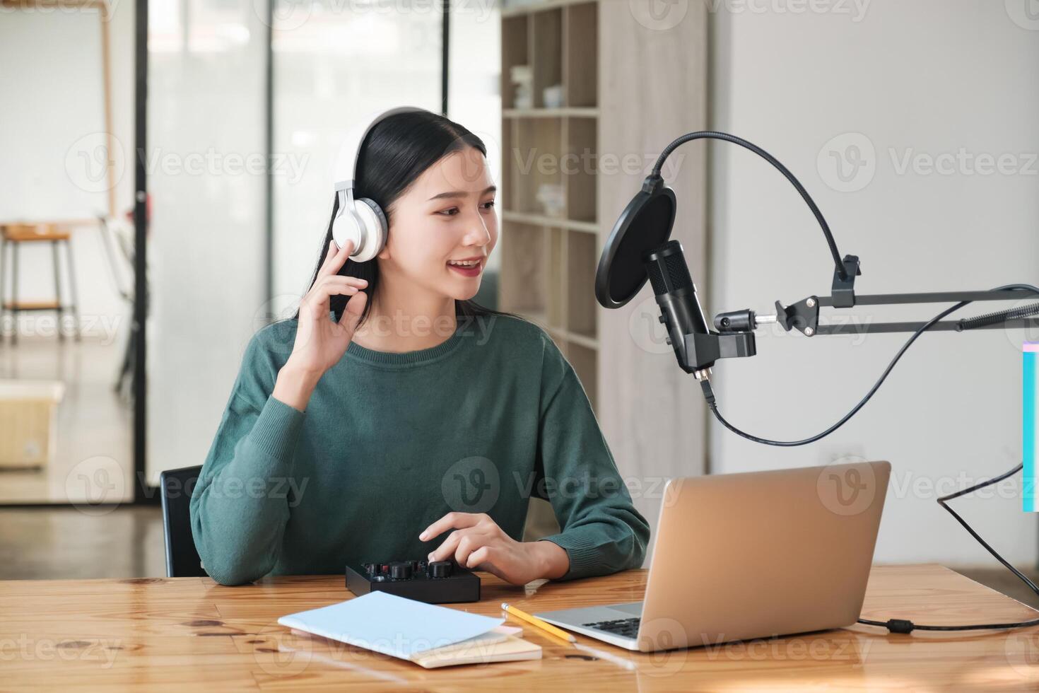 A woman is sitting at a desk with a laptop and a microphone photo