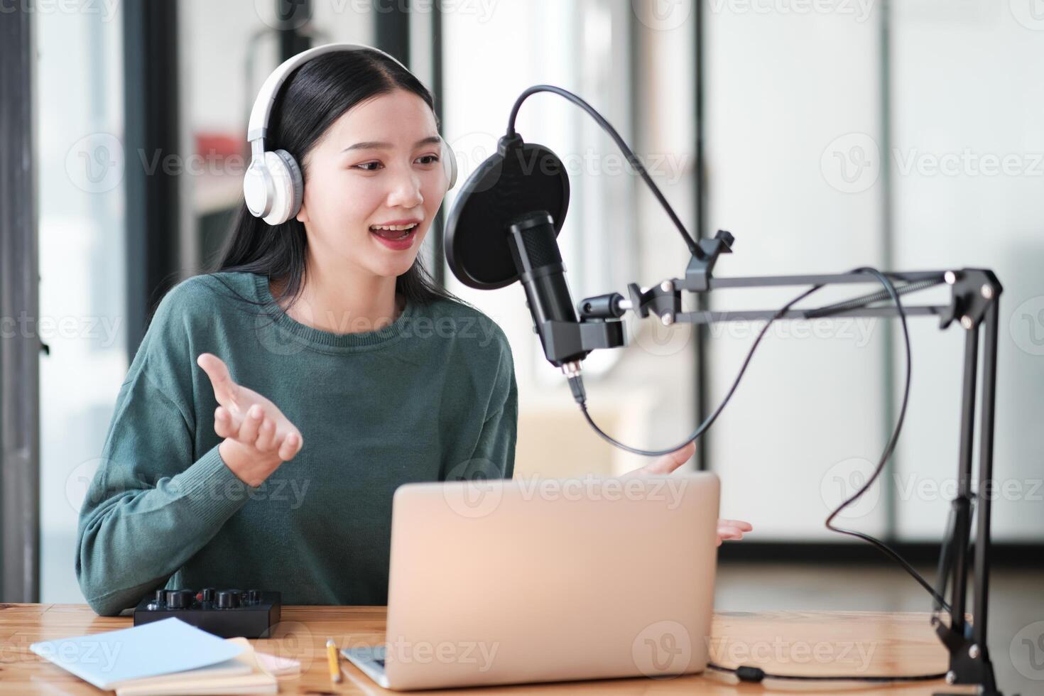 A woman is sitting at a desk with a laptop and a microphone photo