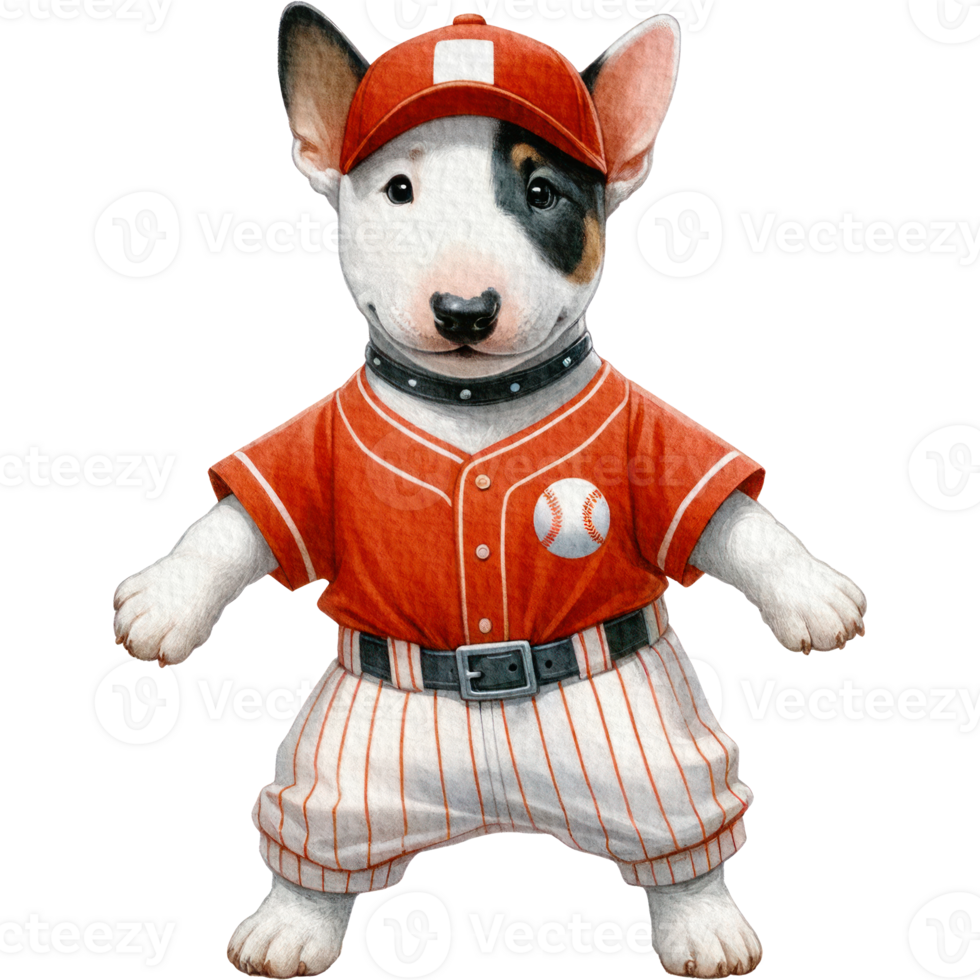 Bull Terrier playing baseball cute cartoon character watercolor png