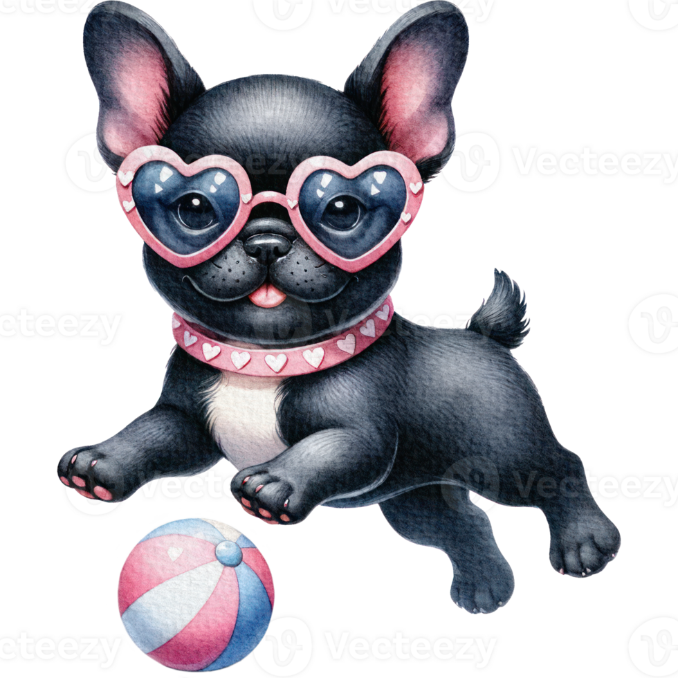 Black French Bulldog dog wearing heart-shaped sunglasses-play ball png