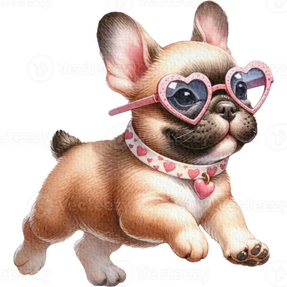 Fawn French Bulldog dog wearing heart-shaped sunglasses-happy run png