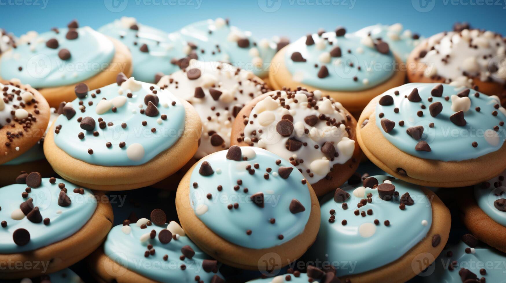 Cookies with chocolate biscuit for snack on blue background photo