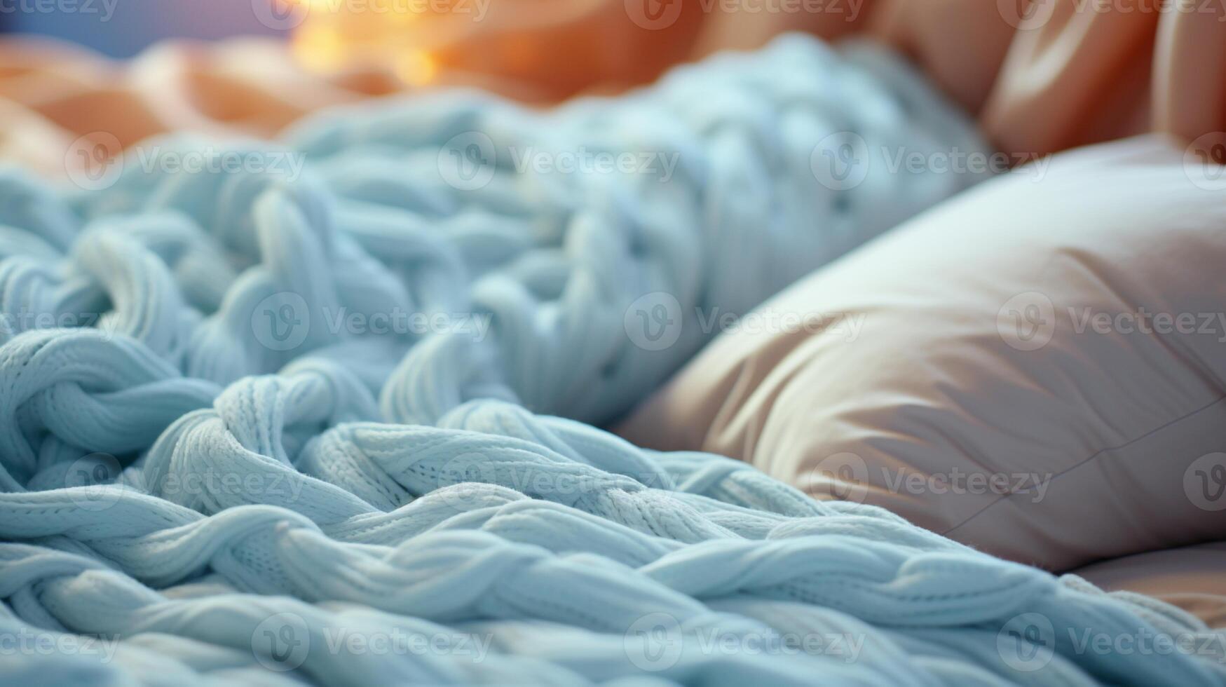 Cozy bedroom with knit blanket comfort soft blue light winter photo