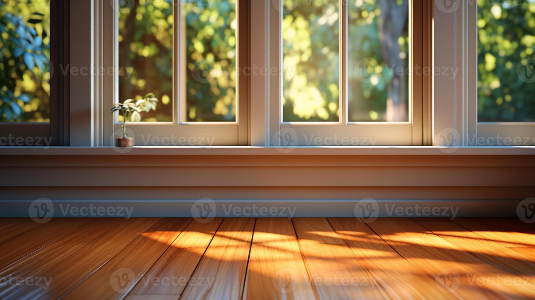 Wooden floor and window in golden hours shine light silhouette photo