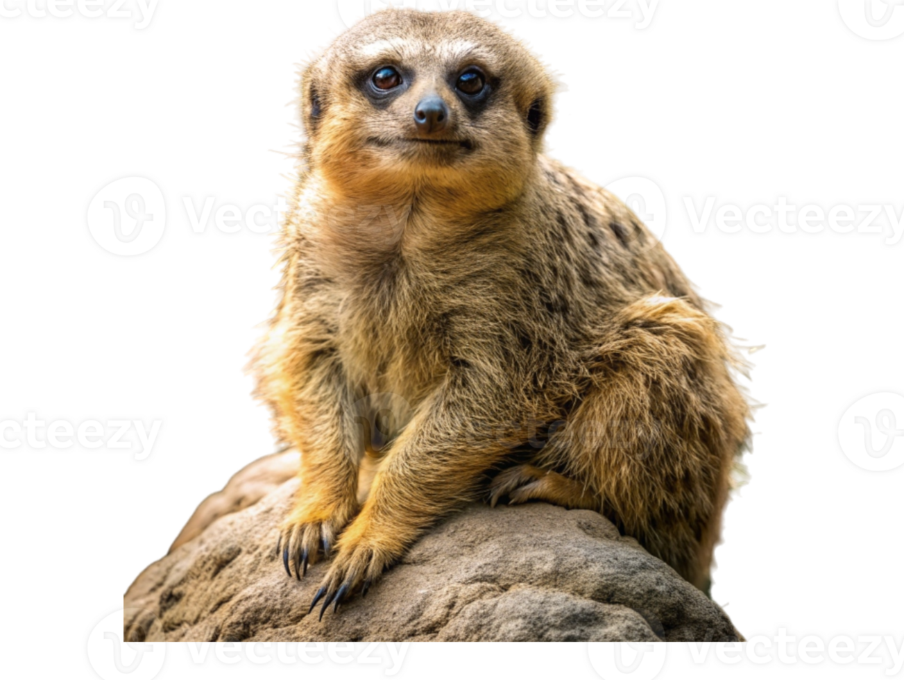 Close-up of a vigilant meerkat perched on a rock in a natural setting png