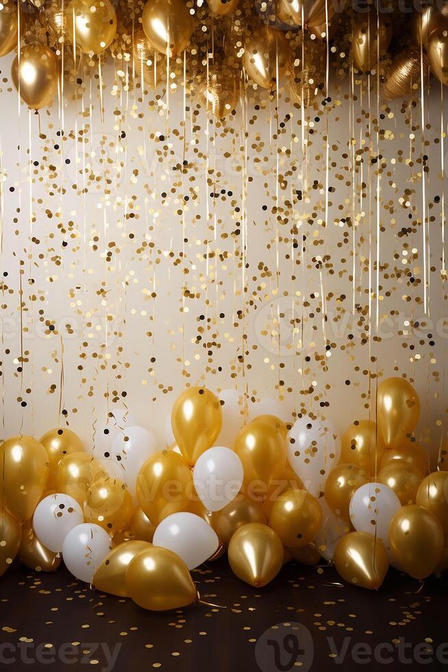 Gold and white balloons with gold confetti falling down over black background. New Year, birthday or wedding celebration generated.AI photo