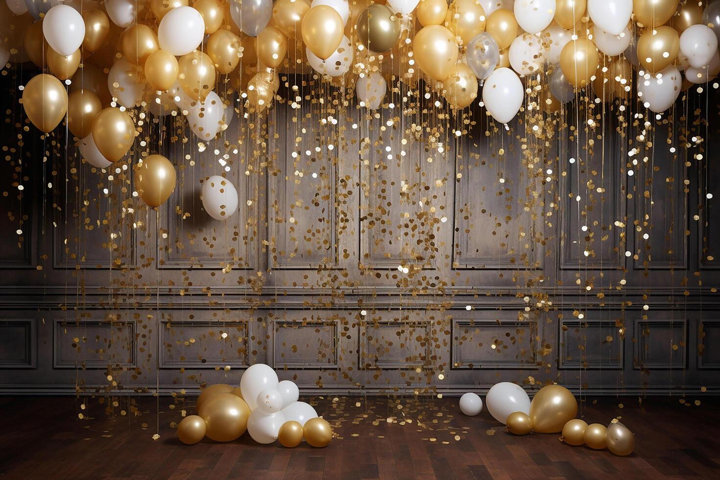 Gold and white balloons with gold confetti falling down over black background. New Year, birthday or wedding celebration generated.AI photo