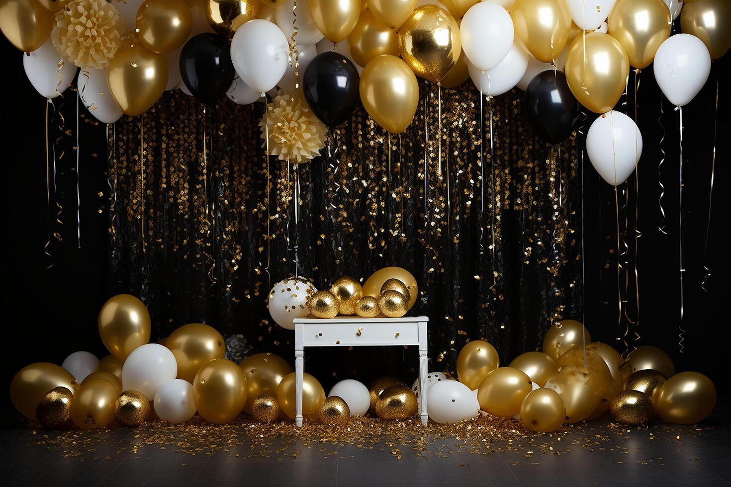 Gold and white balloons with gold confetti falling down over black background. New Year, birthday or wedding celebration generated.AI photo