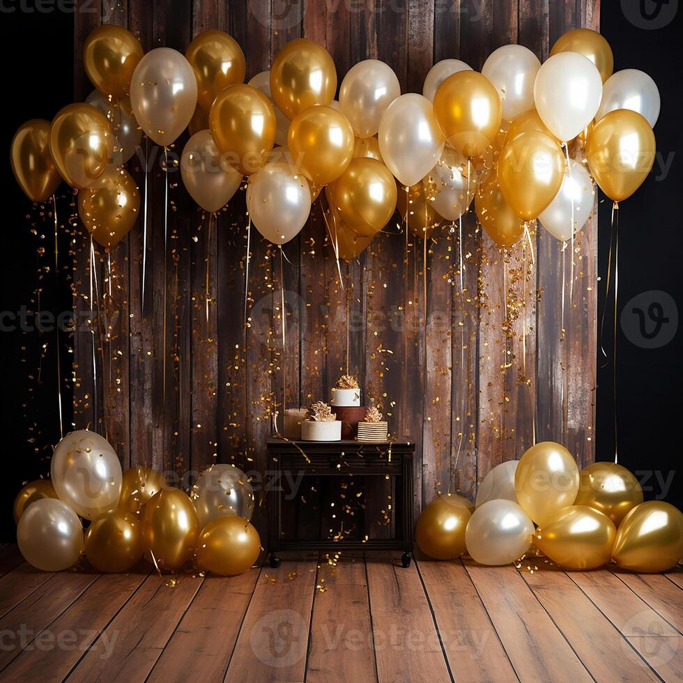 Gold and white balloons with gold confetti falling down over black background. New Year, birthday or wedding celebration generated.AI photo