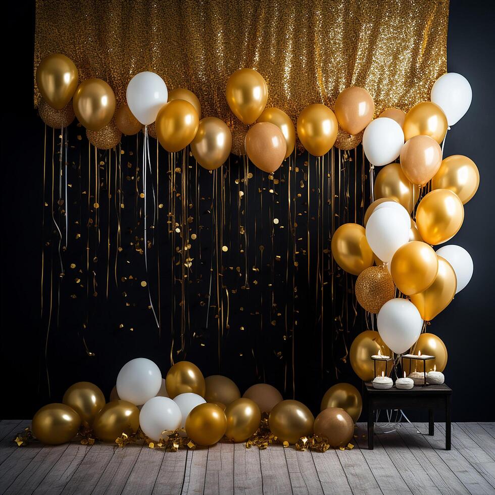 Gold and white balloons with gold confetti falling down over black background. New Year, birthday or wedding celebration generated.AI photo