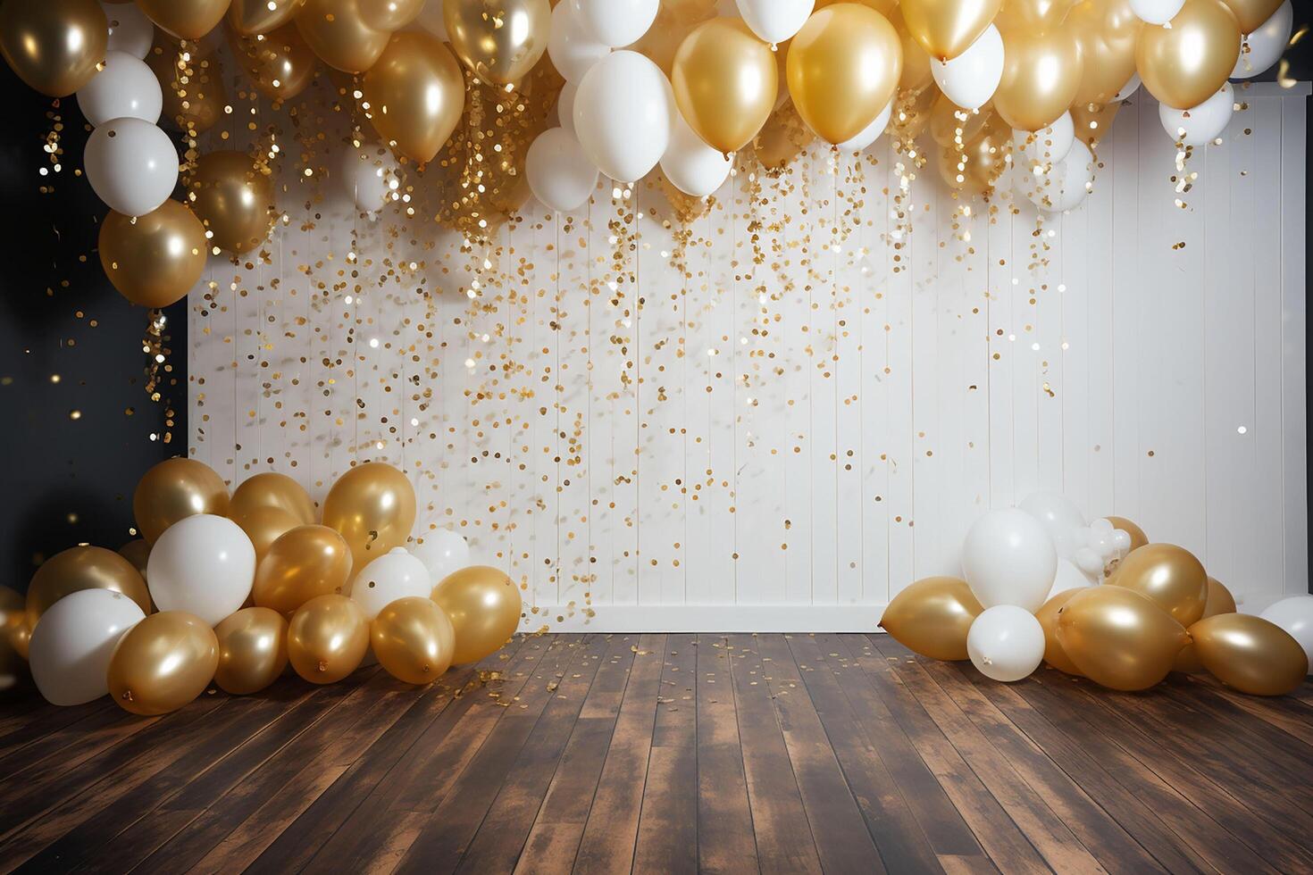 Gold and white balloons with gold confetti falling down over black background. New Year, birthday or wedding celebration generated.AI photo