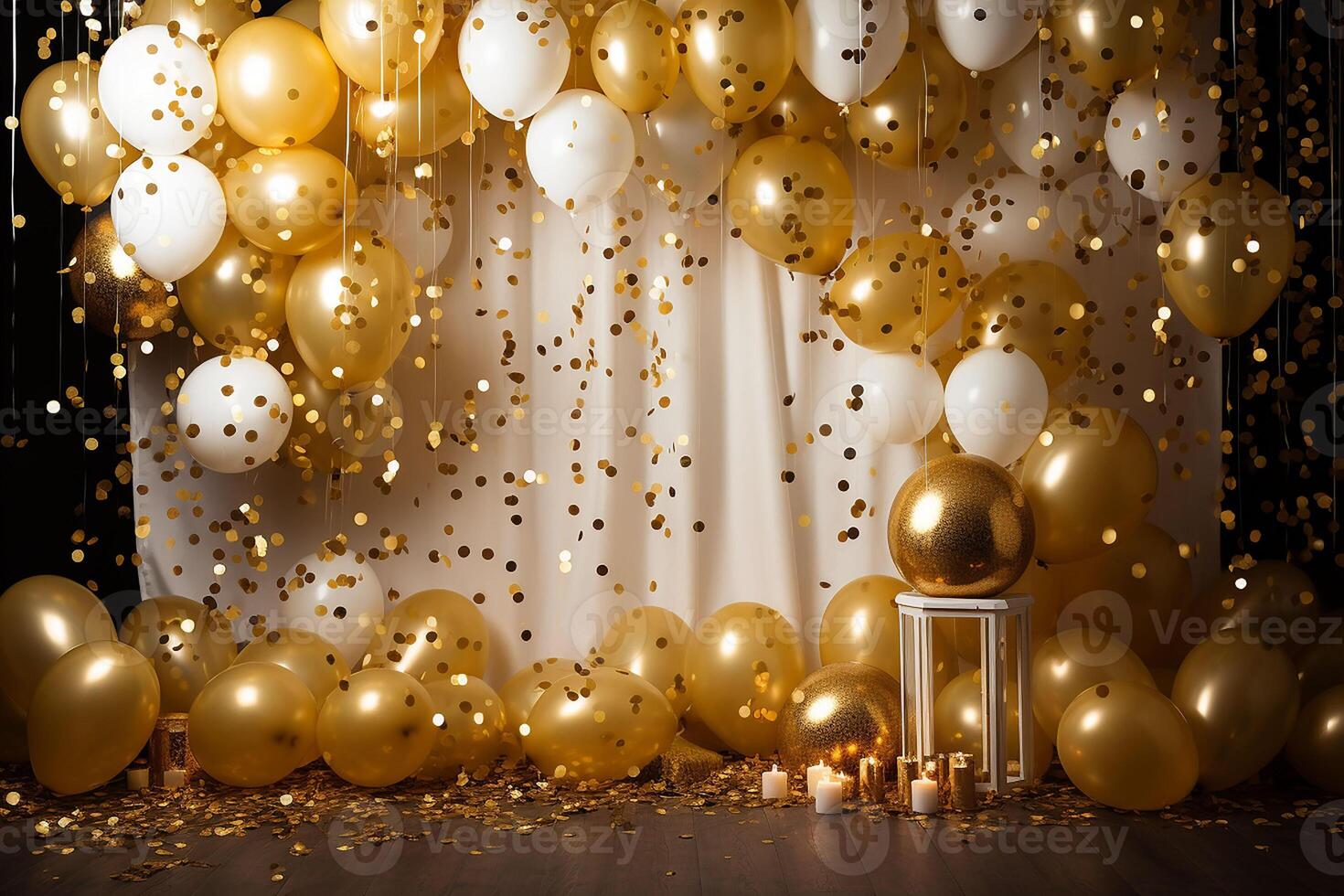 Gold and white balloons with gold confetti falling down over black background. New Year, birthday or wedding celebration generated.AI photo