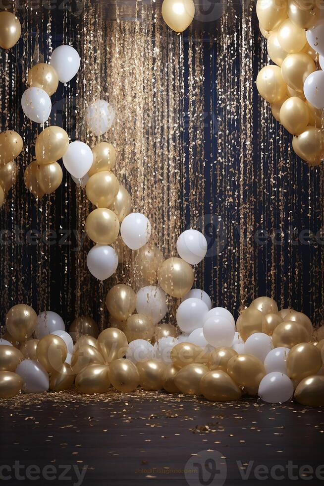 Gold and white balloons with gold confetti falling down over black background. New Year, birthday or wedding celebration generated.AI photo