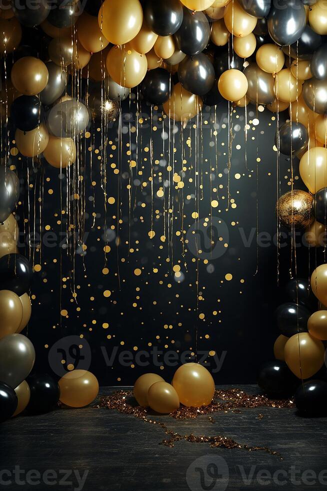 Gold and white balloons with gold confetti falling down over black background. New Year, birthday or wedding celebration generated.AI photo