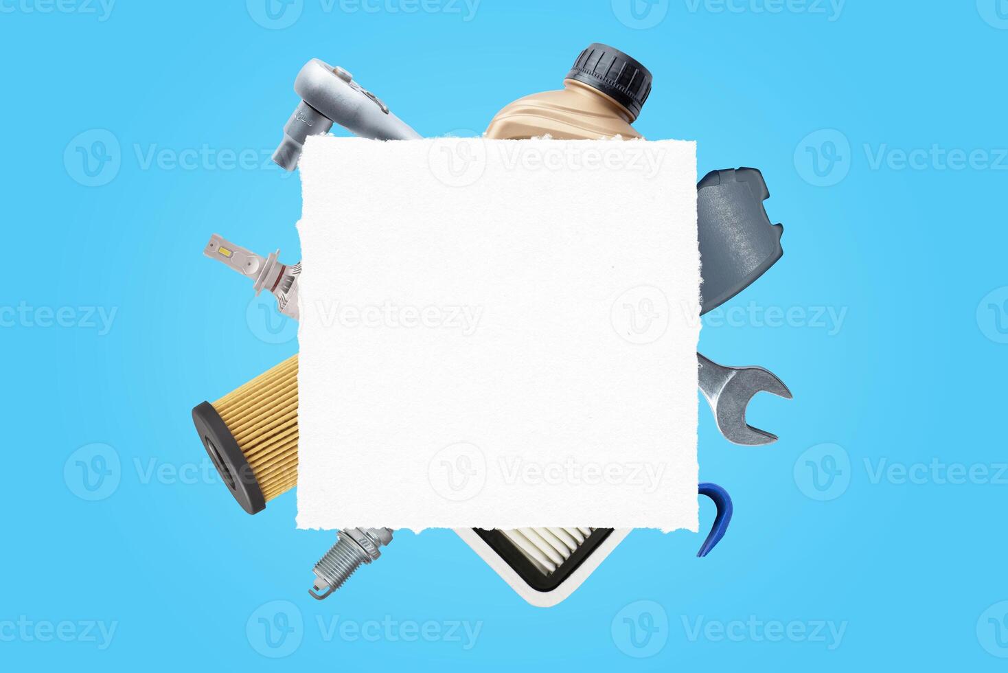 Blank white paper surrounded by car parts and tools. Ideal for car service logo promotion. Template for showcasing text. Top view, flat lay composition photo