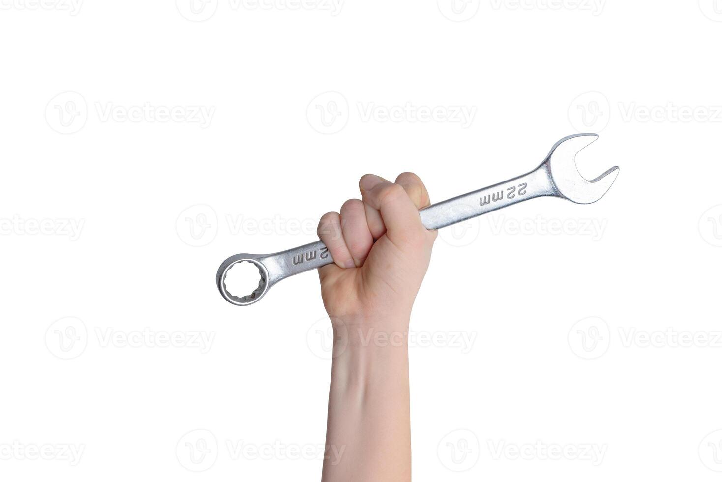 Isolated wrench in hand. Repair and service concept. Ideal for showcasing text or logo. Top view, flat lay composition photo