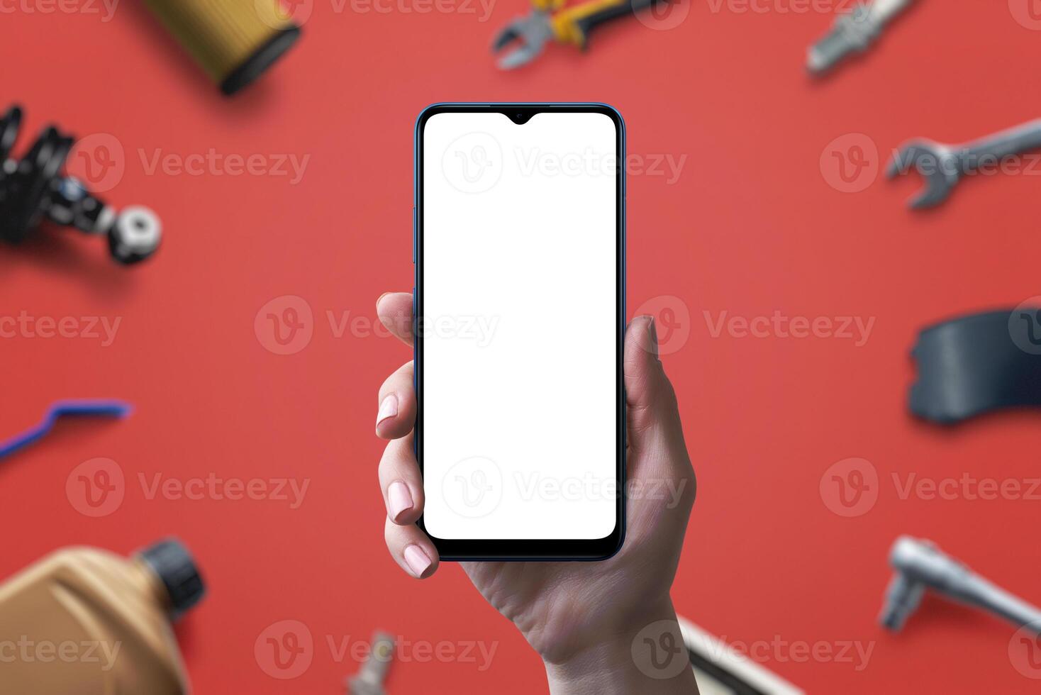 Phone mockup with isolated screen for app or web page promotion, backgrounded by car parts and tools. Concept of promoting a car parts sales page photo