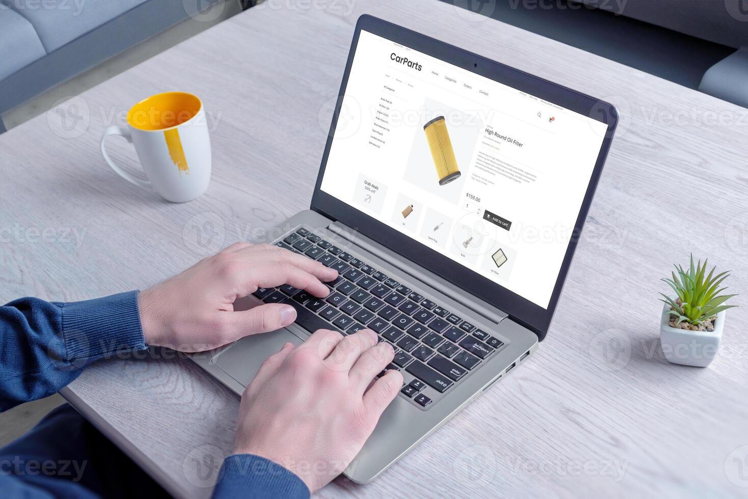 Finding car parts online on an e-commerce website on a laptop in the study. Illustrating convenience and accessibility of shopping automotive parts online photo