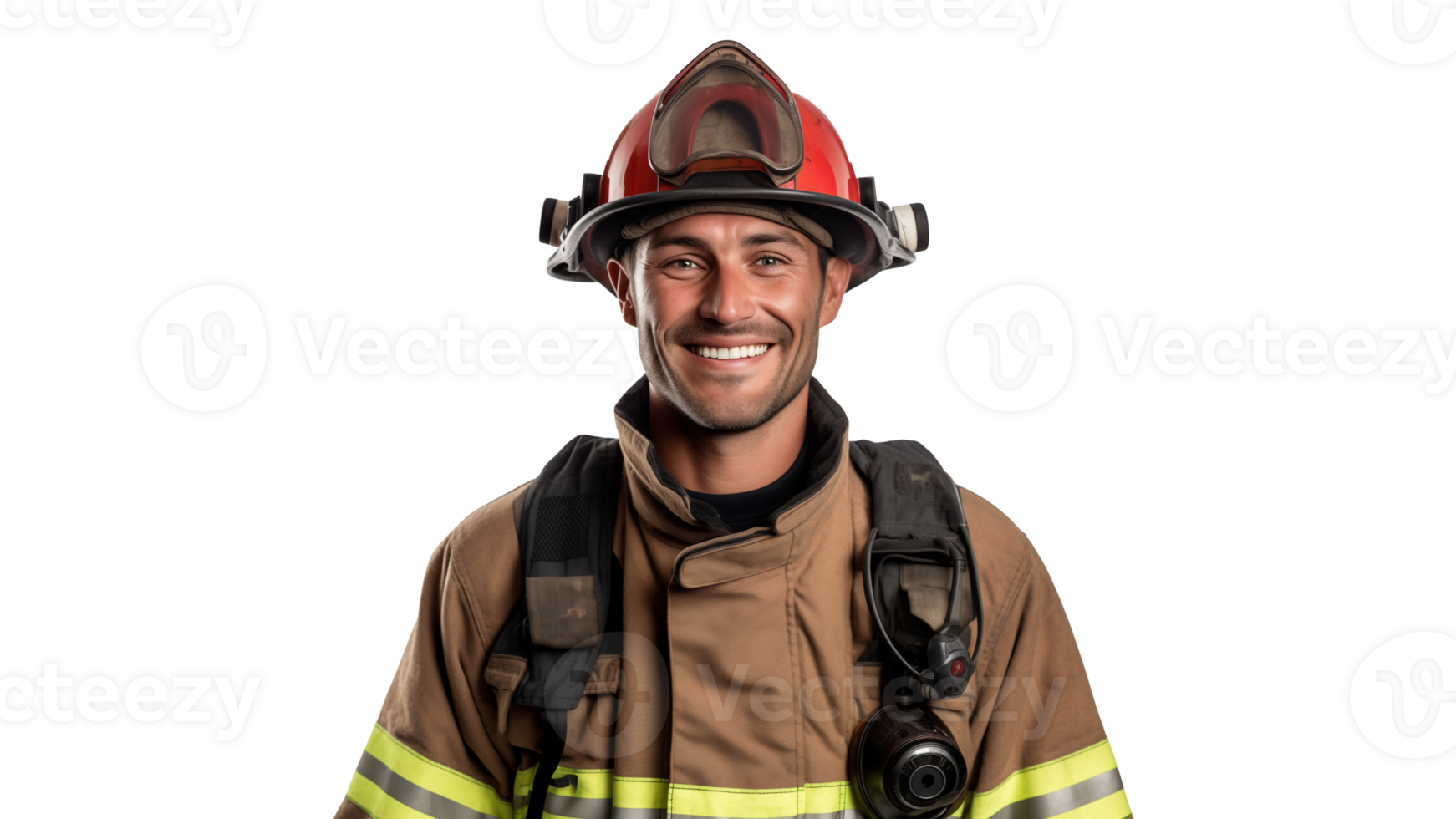 sonriente bombero oficial cortar afuera. contento fuego combatiente en transparente antecedentes png