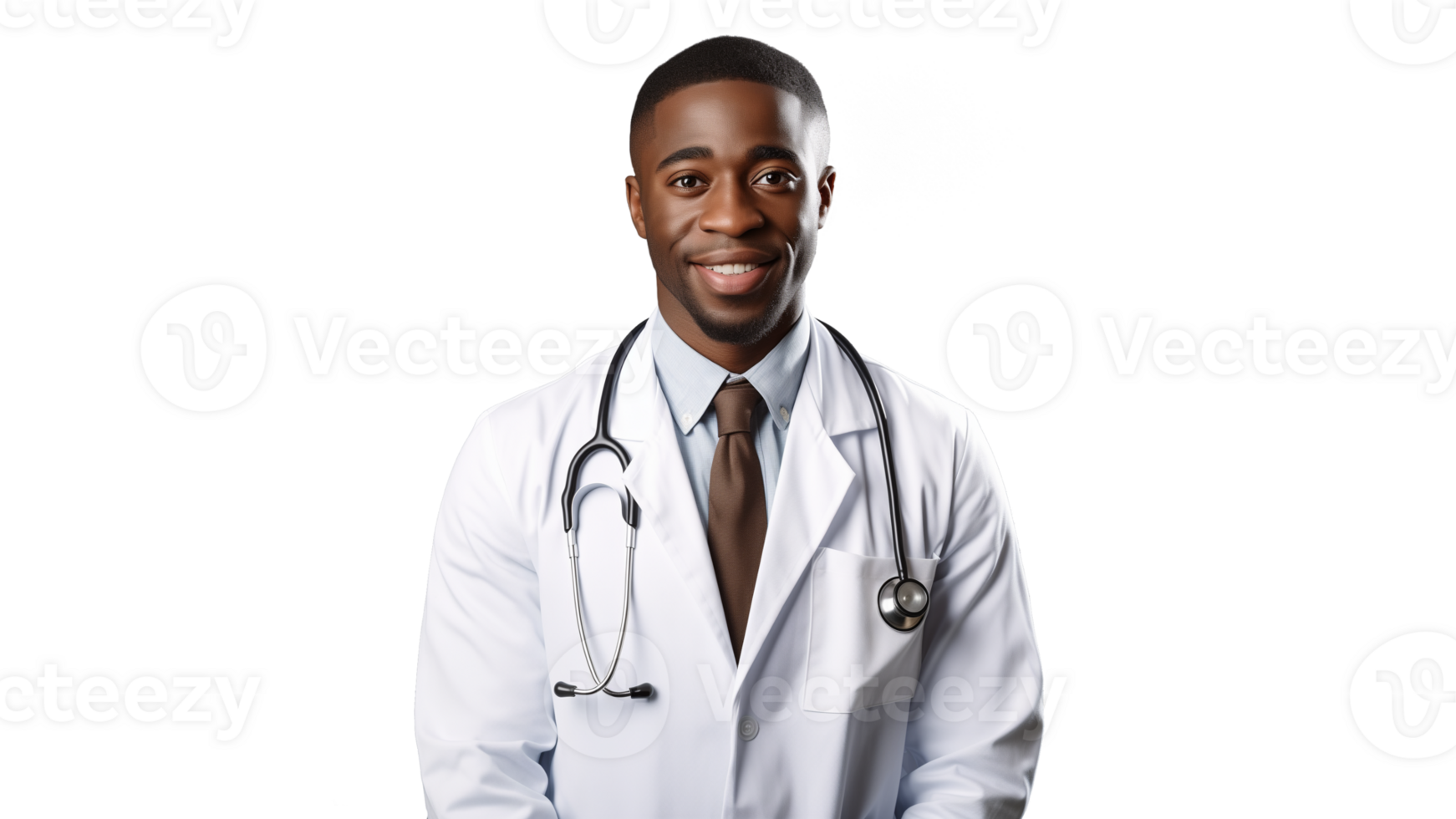 Happy black doctor cut out. Smiling doctor man with stethoscope on transparent background png