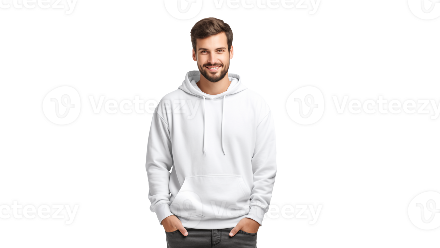 Man in white hoodie mockup cut out. Happy man in sweatshirt on transparent background png