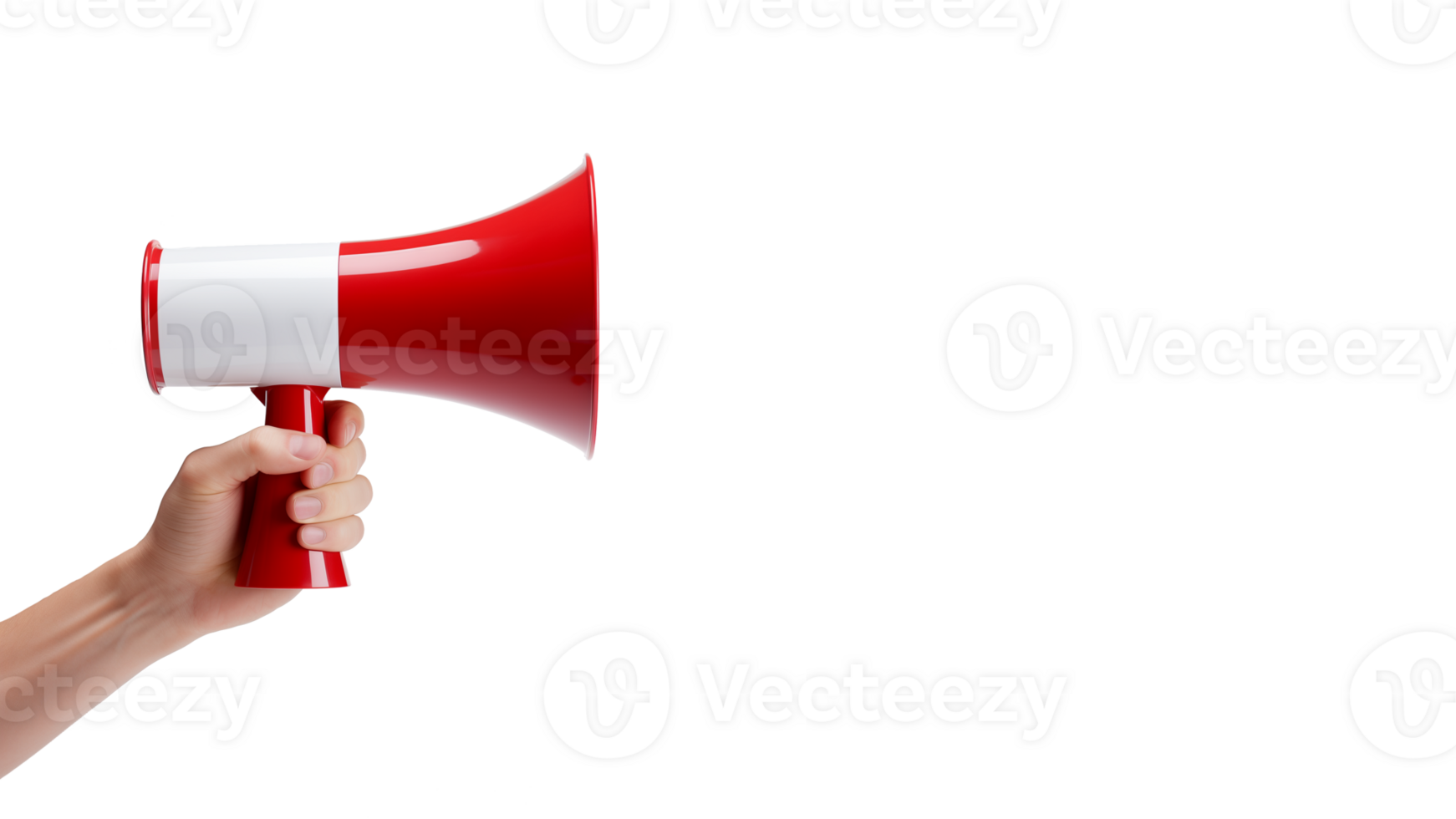 Hand with red and white megaphone cut out. Isolated hand holding bullhorn on transparent background png