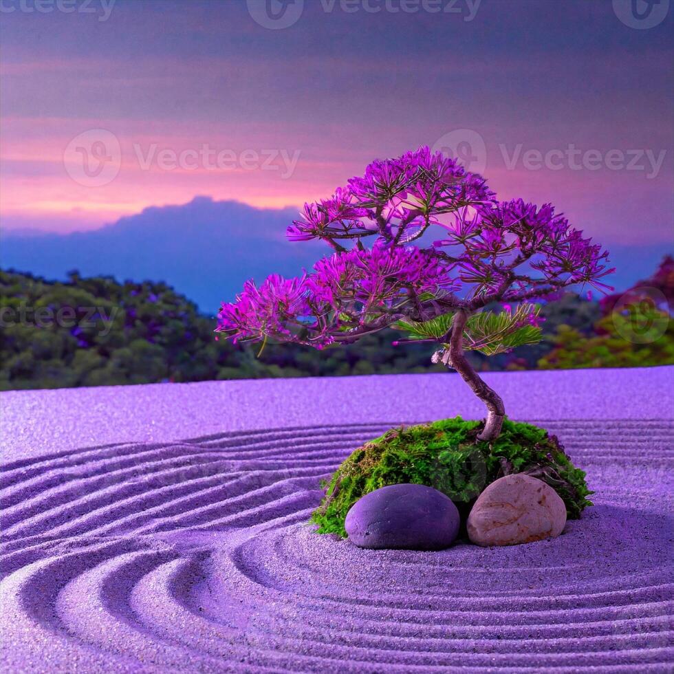 a purple tree in a bonsai garden with rocks and sand photo