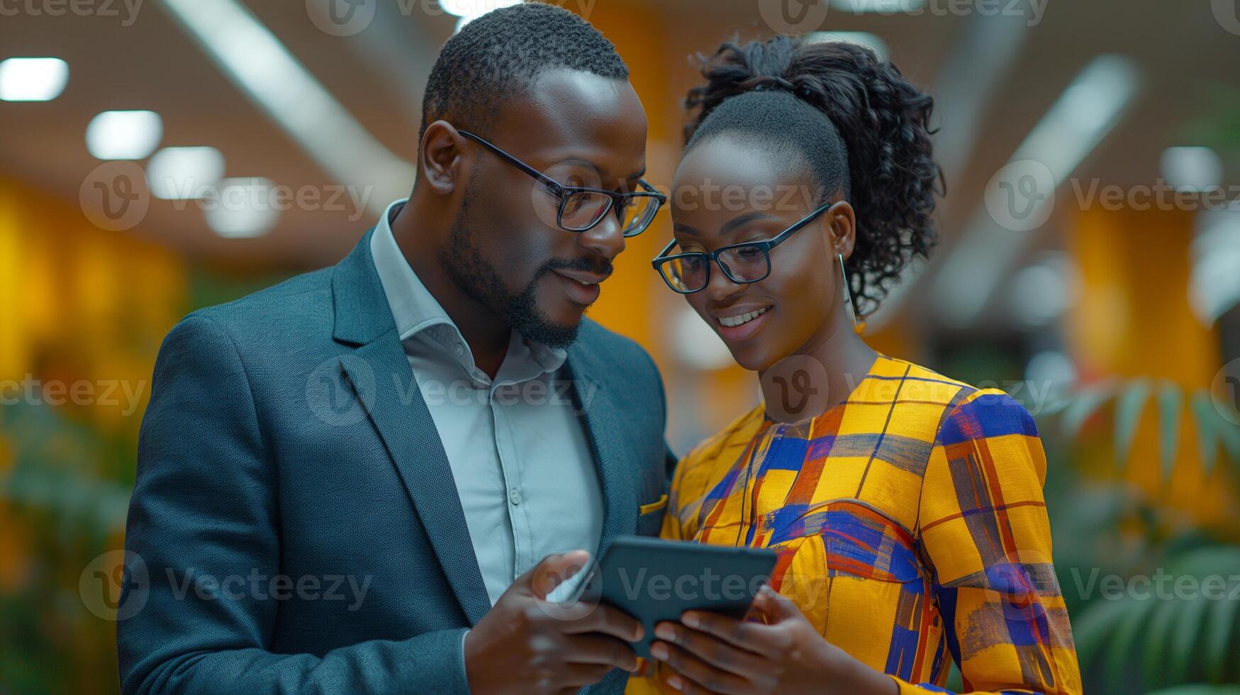 African workmates sharing a light moment while watching on a tablet photo