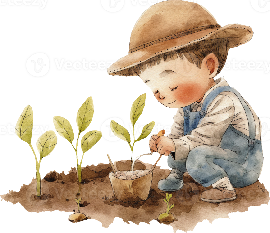 A young boy is planting a seed in a pot png