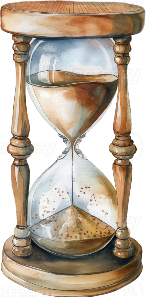 A wooden clock with a glass face and a sand timer png