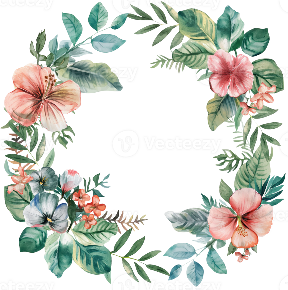 A watercolor painting of a flowery wreath with pink and green flowers png