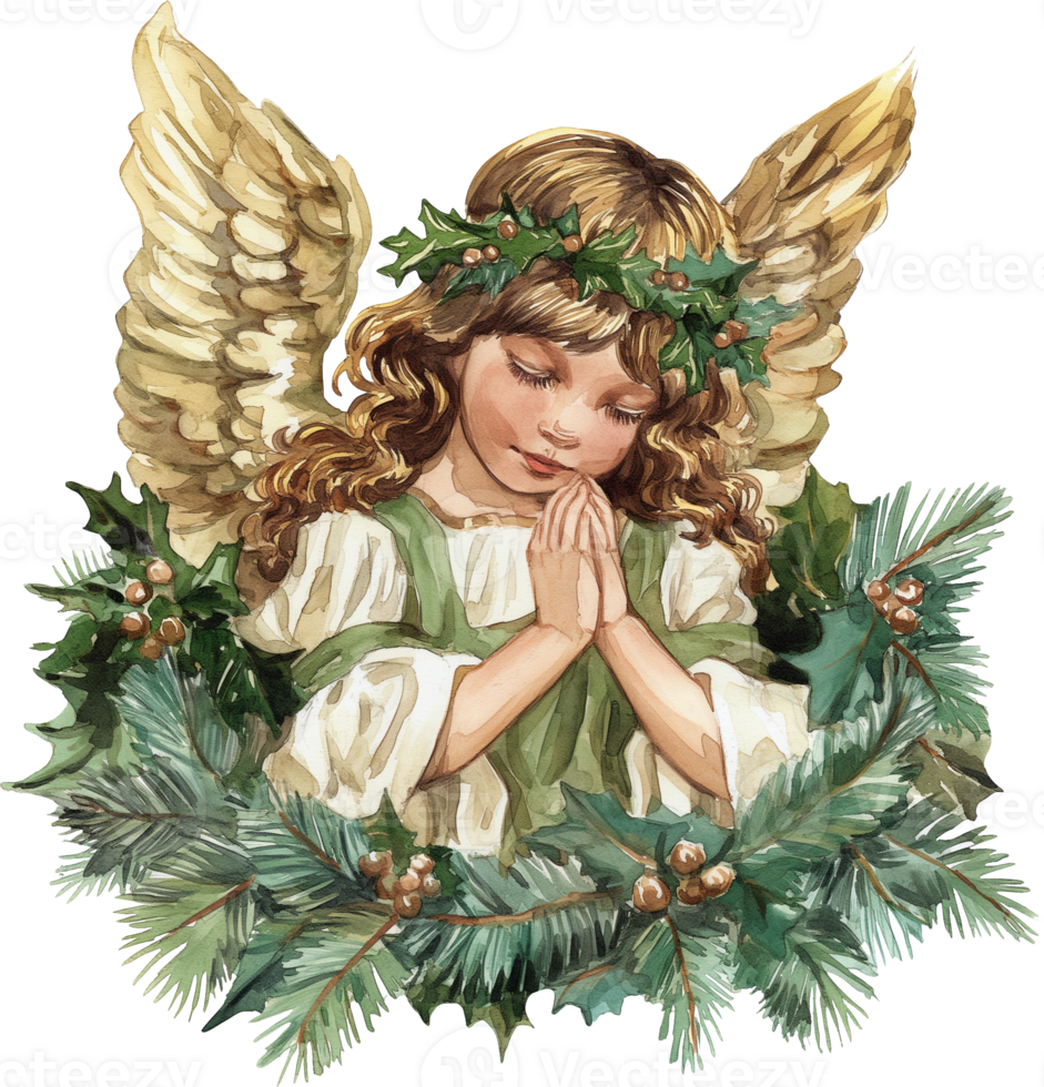 A young angel is praying in front of a wreath of evergreen leaves png