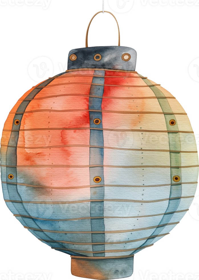 A watercolor painting of a lantern with a blue and orange design png