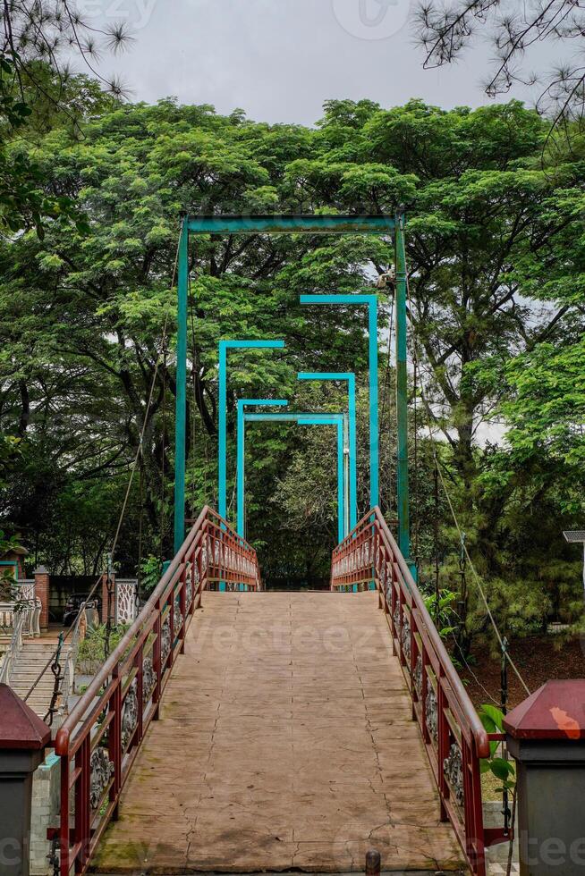 looks beautiful from the suspension bridge in the city park. photo