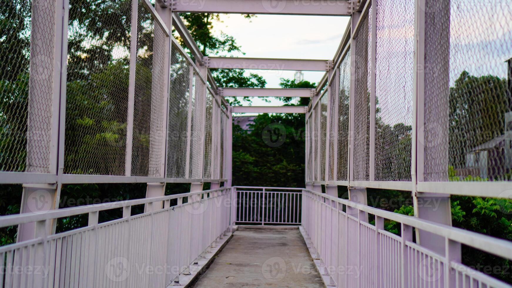 white pedestrian bridge with pillars and security fences. photo