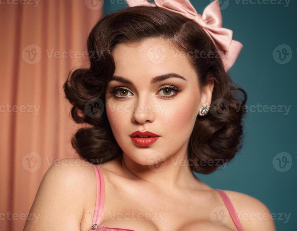 Brunette girl with a pink bow. photo