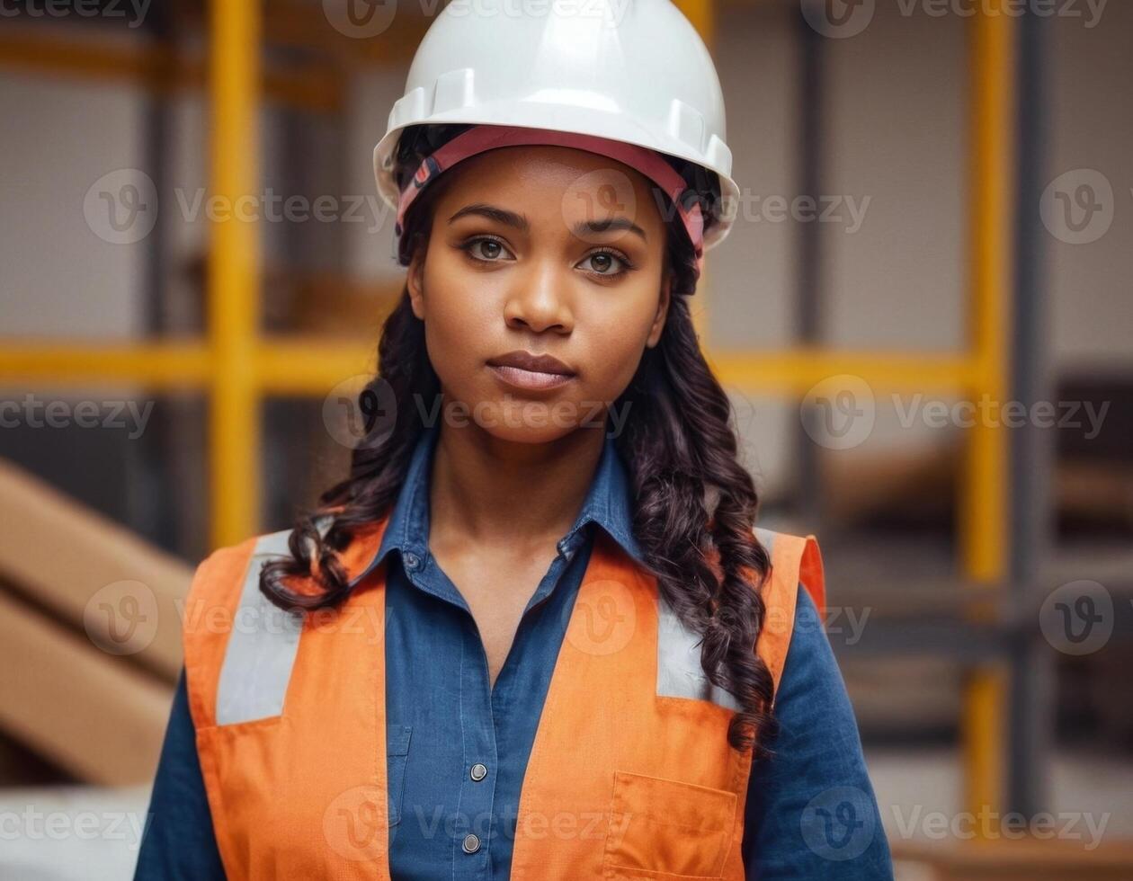 African American woman in a white helmet. photo