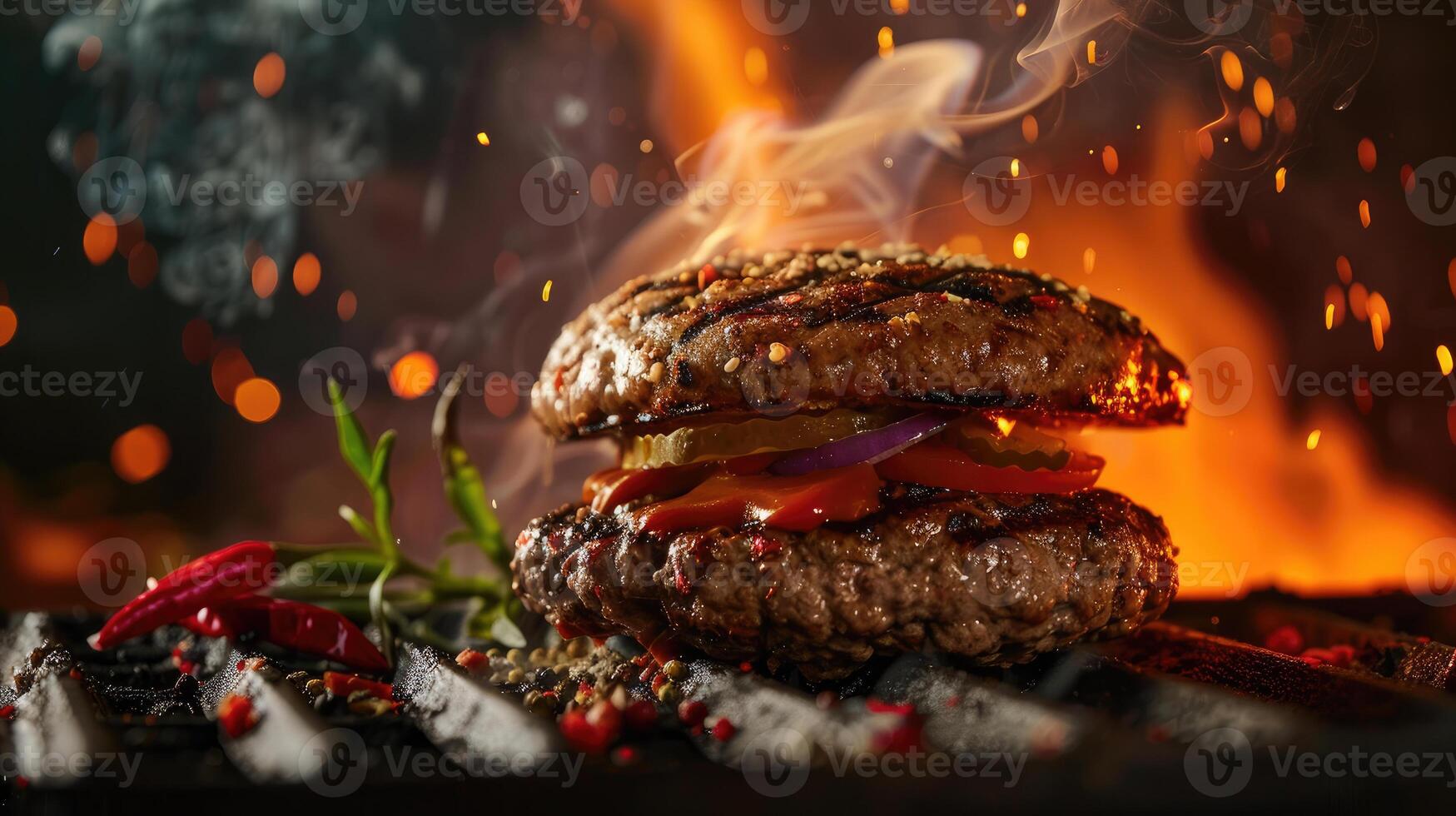 Grilled burger Beef on the grill machine photo