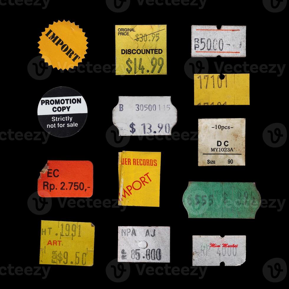 clasificado antiguo precio pegatina y etiquetas. Clásico precio etiqueta colección foto