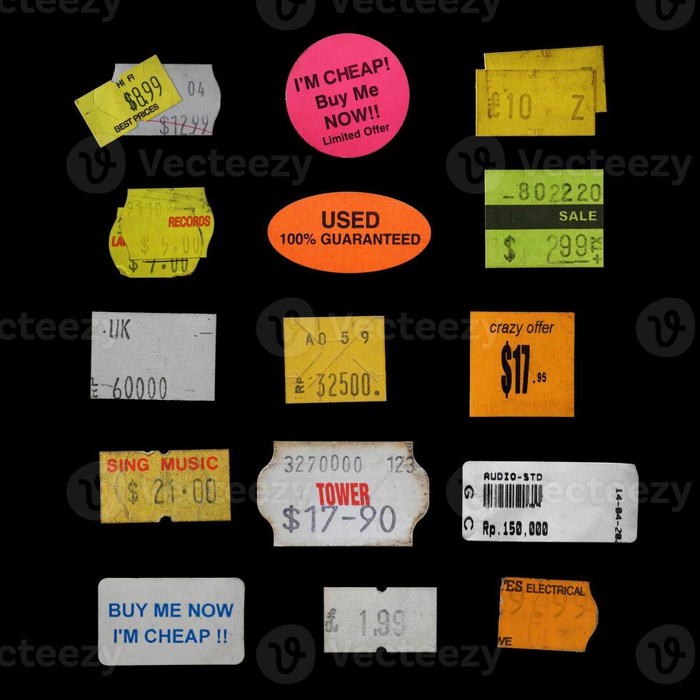 assorted old price sticker and labels. vintage price label collection photo