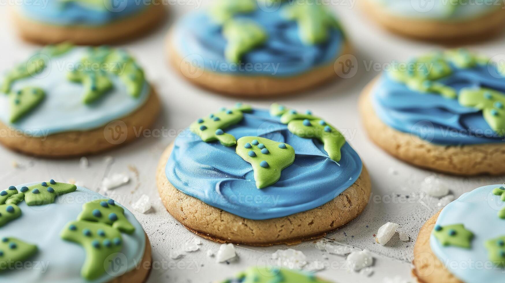 un cerca arriba de galletas decorado con azul y verde Formación de hielo el forma de tierra foto